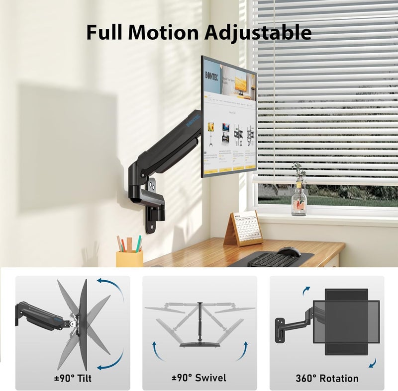 BONTEC Monitor Wall Mount Arm, VESA Gas Spring Height Adjustable, for 13-42 Inch Screens, Max 19.8lbs, Swivel, Tilt, Space-Saving Desk Mount, Easy Installation, Single Arm TV Mount, Max VESA 200x200 - Image 3